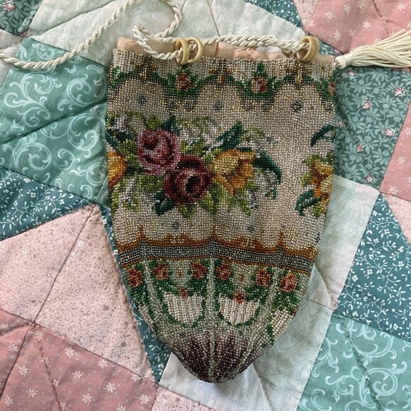 Antique Victorian Beaded Drawstring Purse Reticule Micro Beaded Floral Handbag - Picture 4 of 9